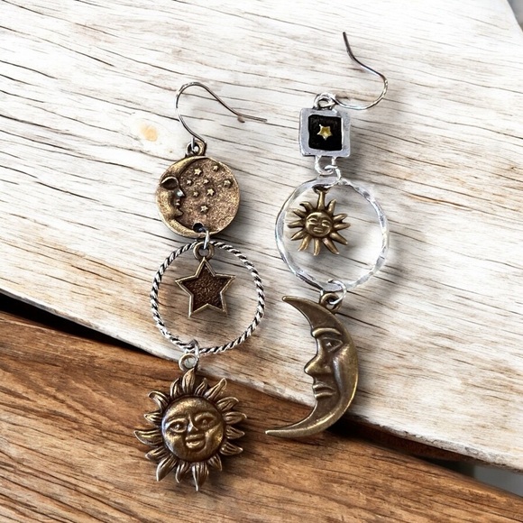 Boho Celestial Charm Earrings - Bronze and Silver toned Bohemian Boho Celestial - Picture 3 of 17